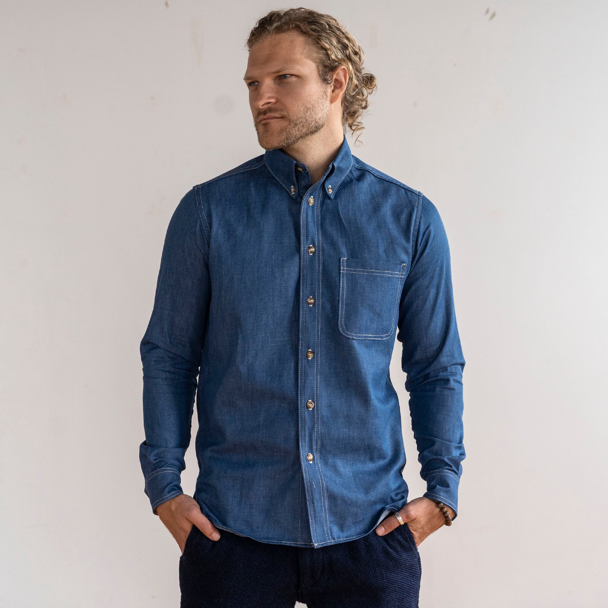 Denim Button Down Shirt Ocean Blue 6oz Chambray