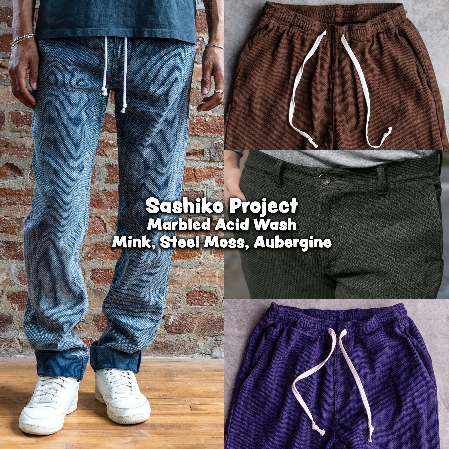 Laidback Pant Sashiko Project: Mink, Aubergine, Steel Moss, Marbled Acid