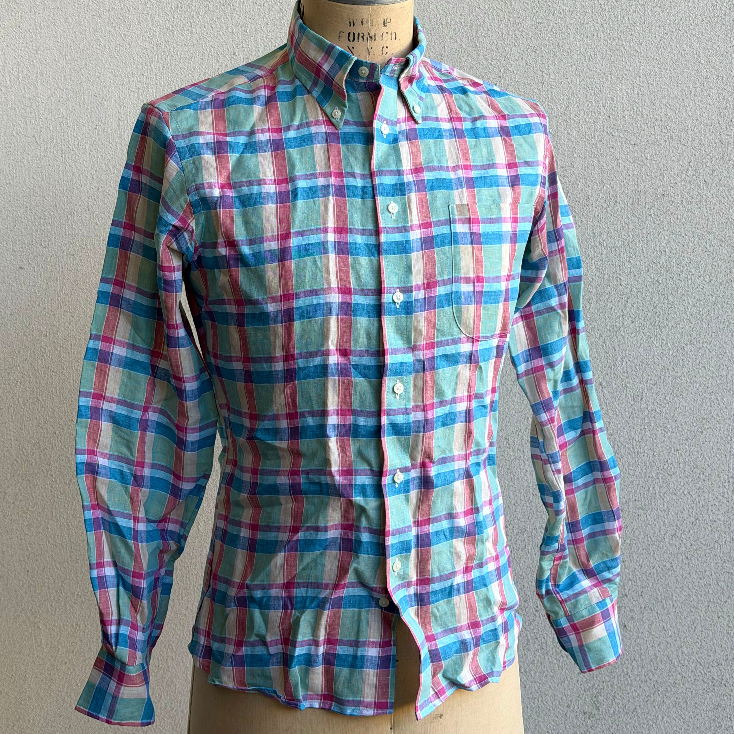 Sample: Individualized Albini Madras Pure Linen Shirt Sz Medium