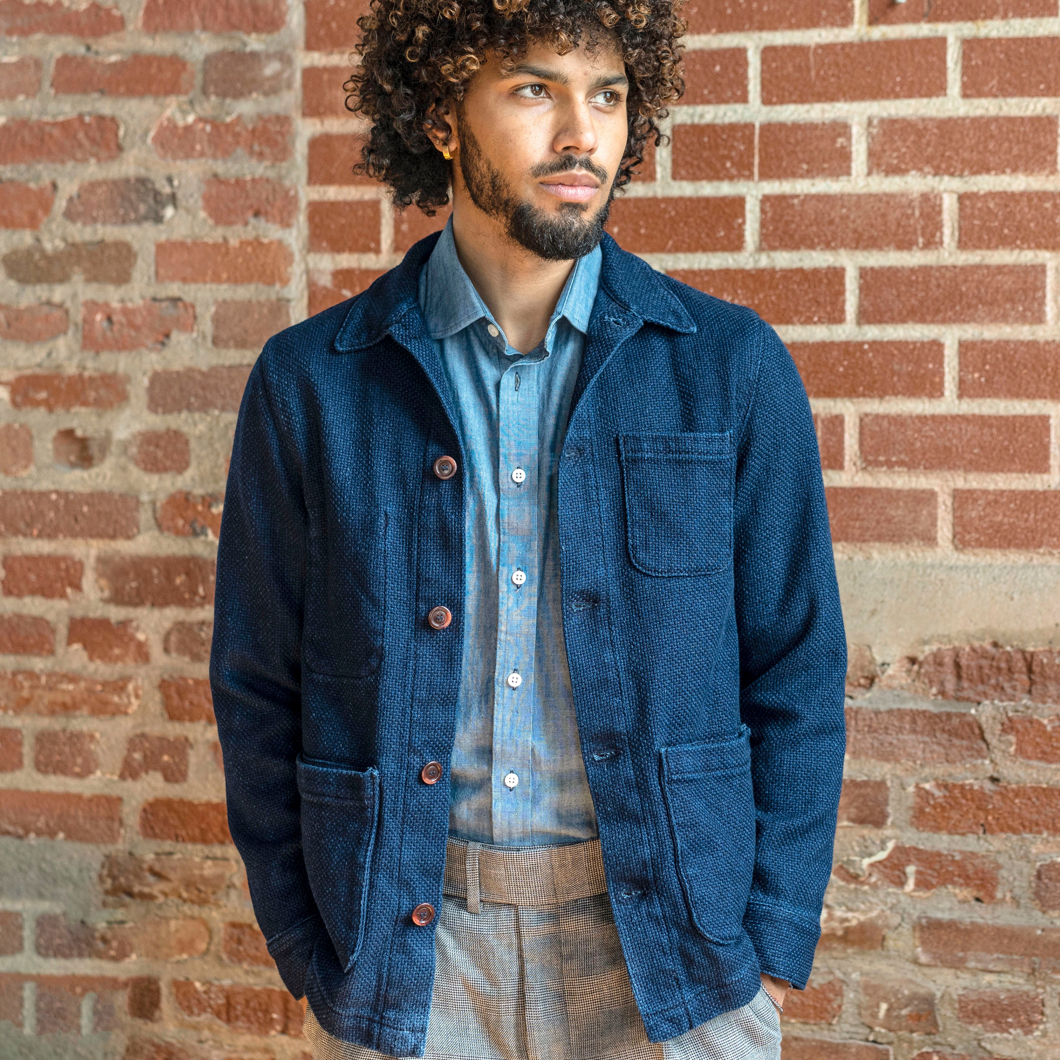 Doyle Jacket in Rope Dyed Indigo Sashiko Pumice Washed