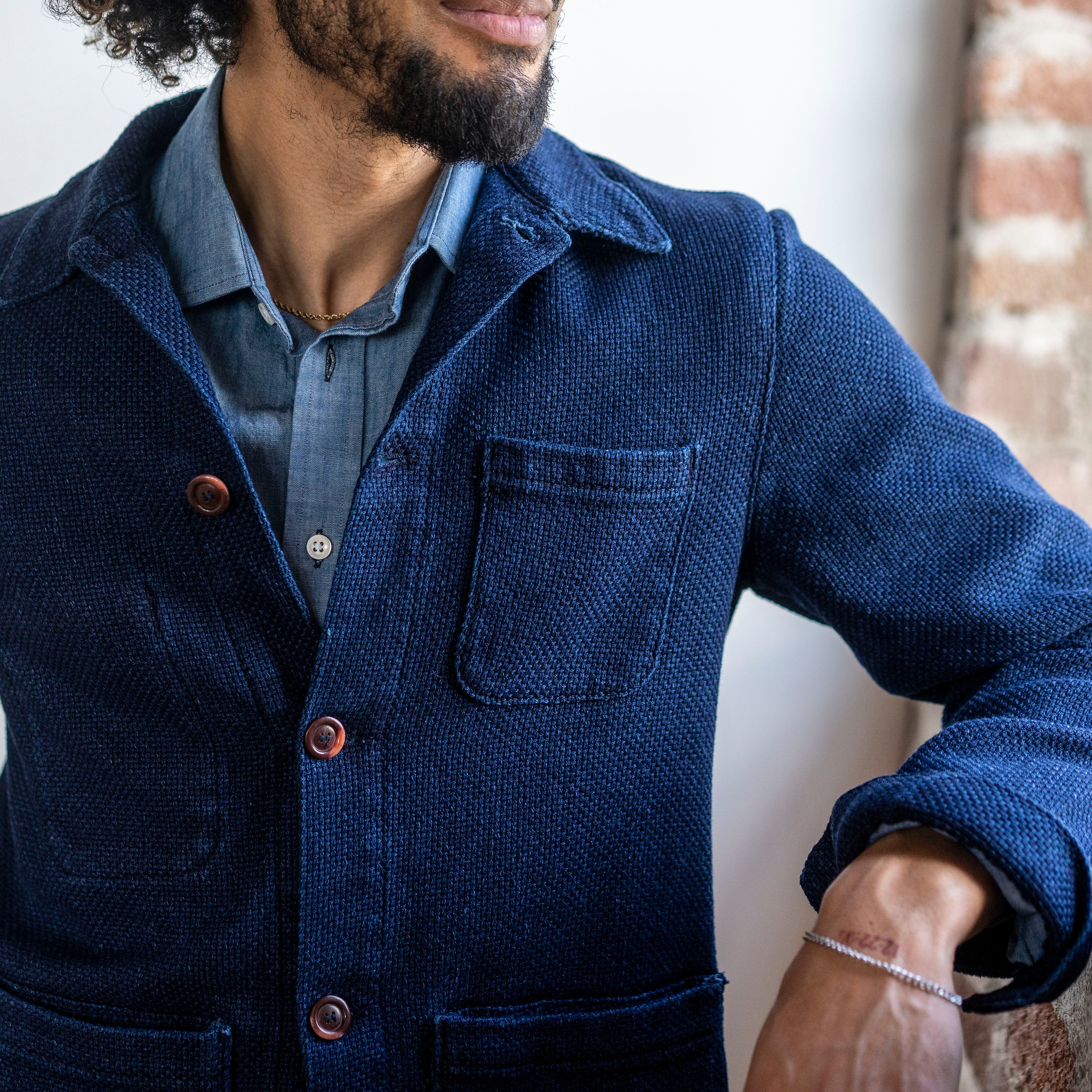 Doyle Jacket in Rope Dyed Indigo Sashiko Pumice Washed