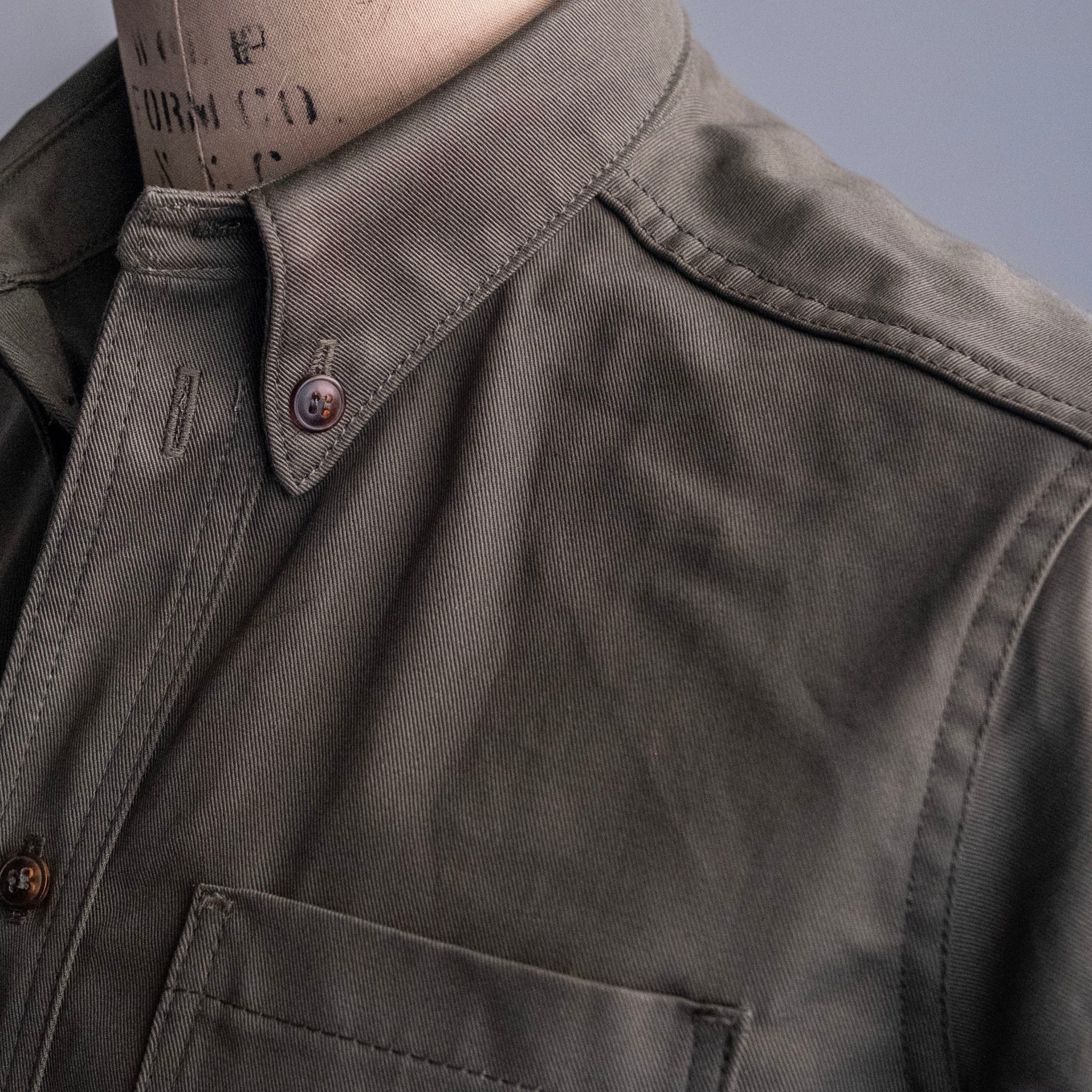 Denim Button Down Shirt Yoshiwa Olive 8oz Twill