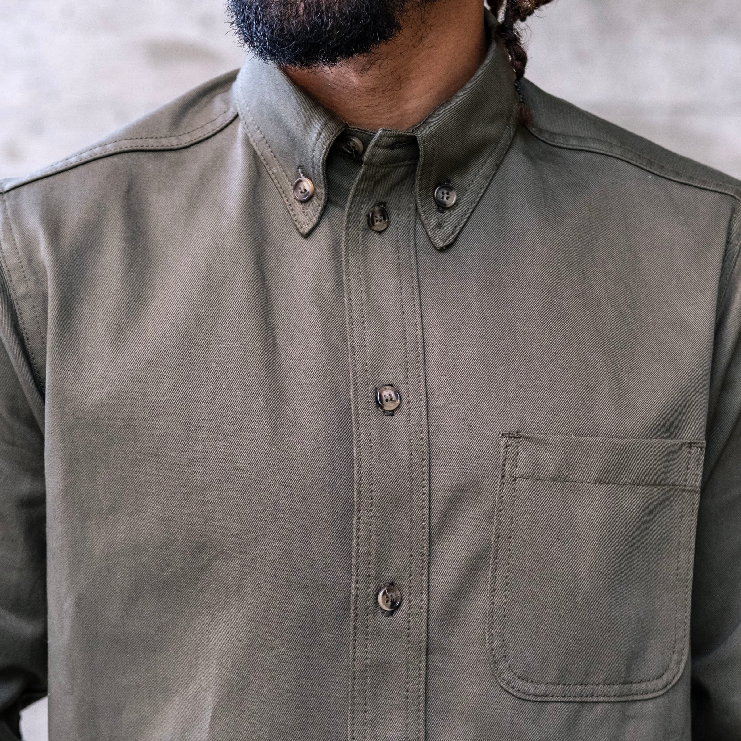 Denim Button Down Shirt Yoshiwa Olive 8oz Twill