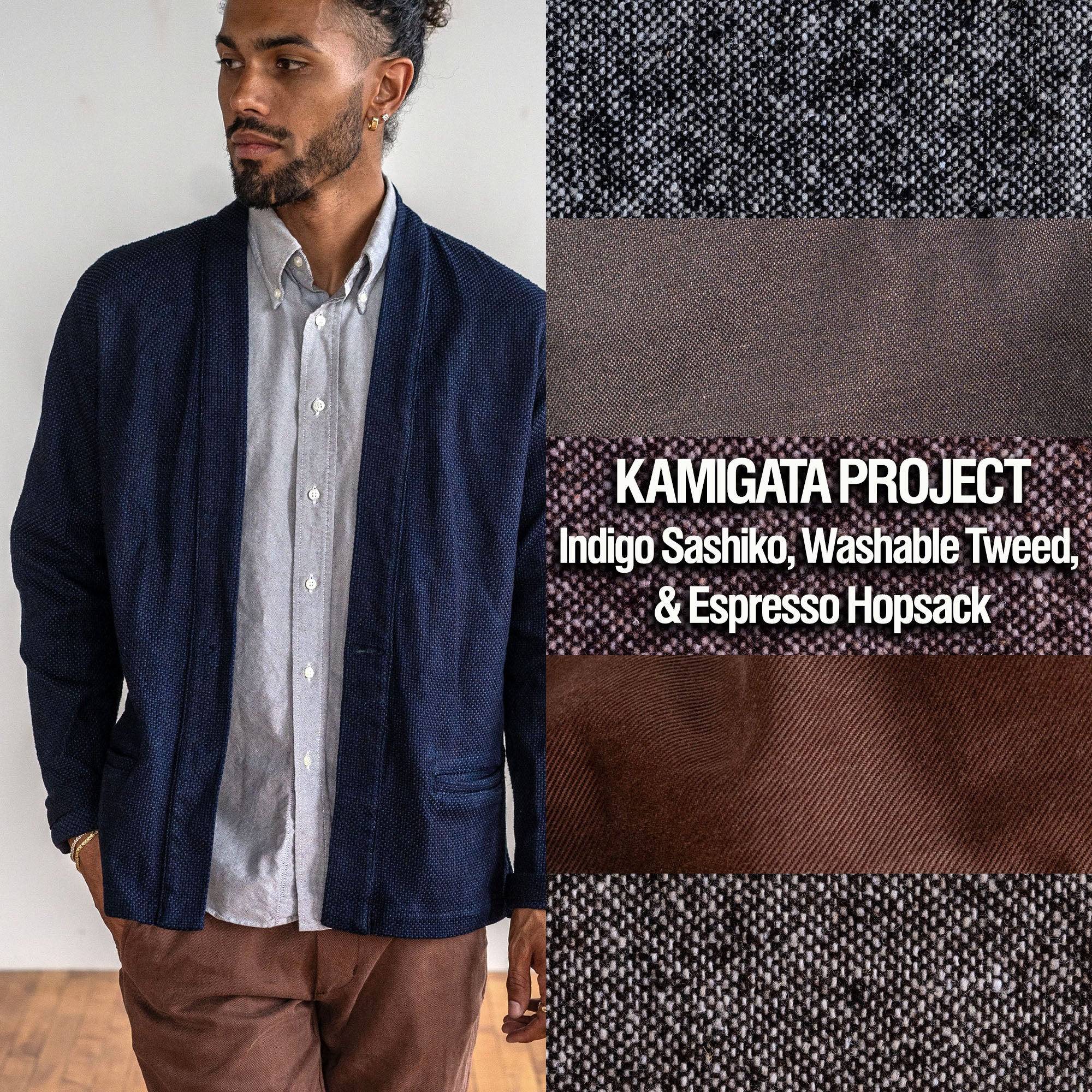 Kamigata Project: Indigo Sashiko, Washable Tweed, Espresso Hopsack