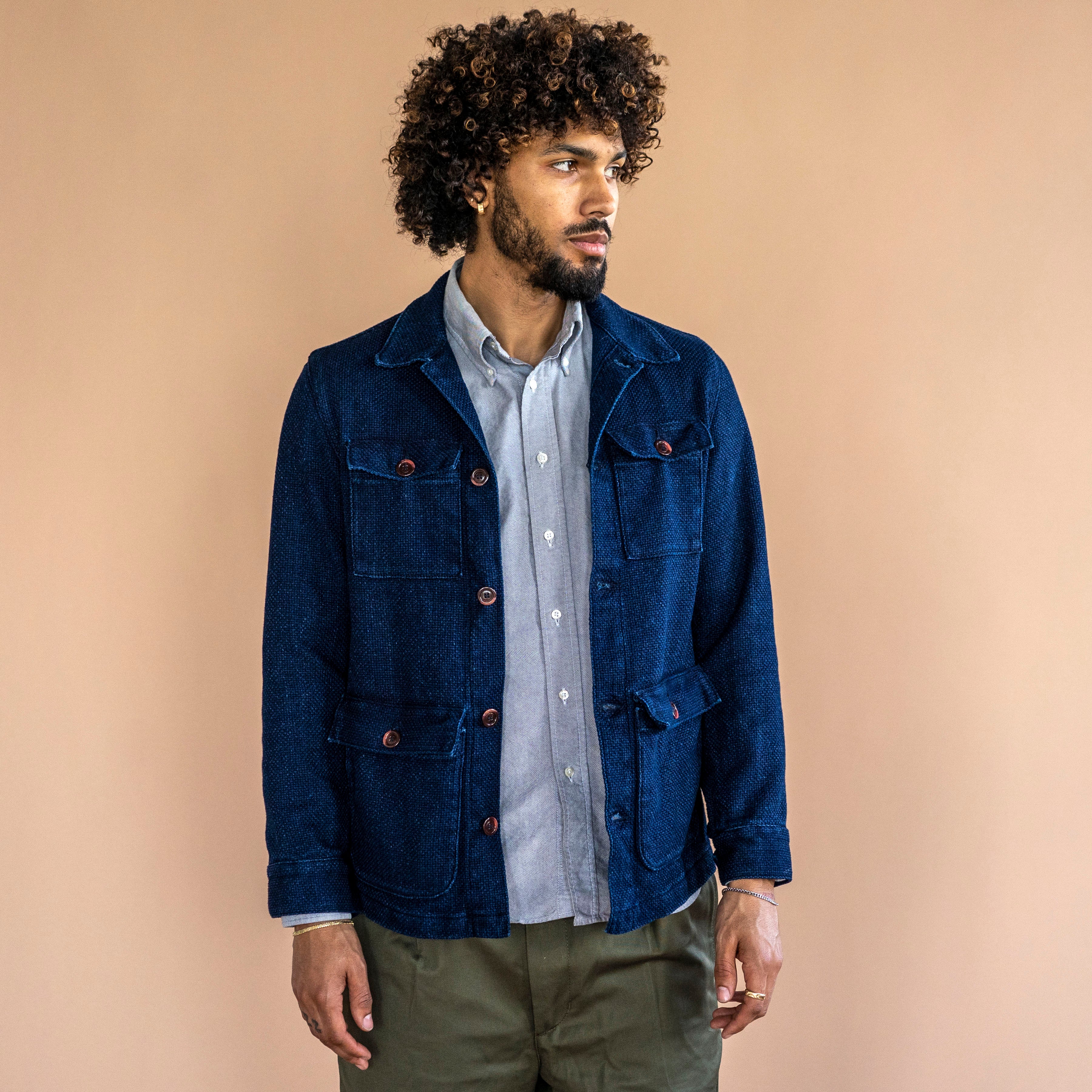 Field Jacket in Rope Dyed Indigo Sashiko Pumice Washed